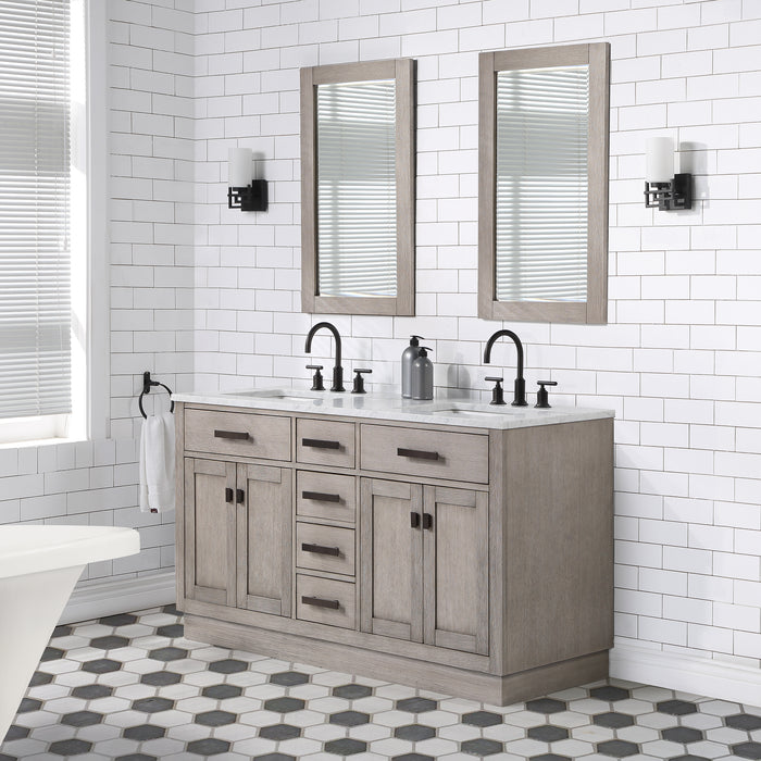 60 Inch Grey Oak Odessa Double Sink Vanity with Carrara White Marble Top and Rectangle Mirrors
