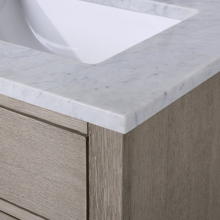 60 Inch Grey Oak Onyx Double Sink Bathroom Vanity Set - Carrara Marble Top with Mirror & Faucets