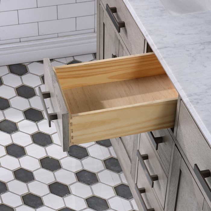 60 Inch Grey Oak Odessa Double Sink Vanity with Carrara White Marble Top and Rectangle Mirrors