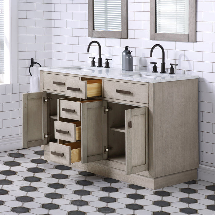 60 Inch Grey Oak Odessa Double Sink Vanity with Carrara White Marble Top and Rectangle Mirrors