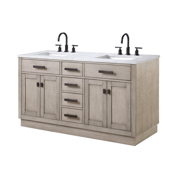 60" Grey Oak Obsidian Double Sink Bathroom Vanity - Carrara Marble Top with Oil Rubbed Bronze Hardware & Gooseneck Faucets