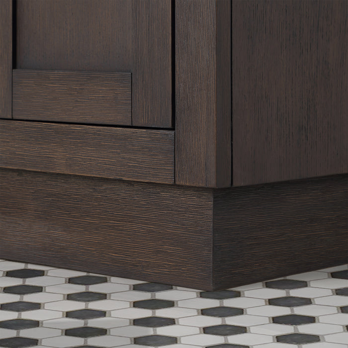 60" Solid Wood Olive Double Vanity - Carrara Marble Top Brown Oak Finish with Gooseneck Faucets & Mirrors