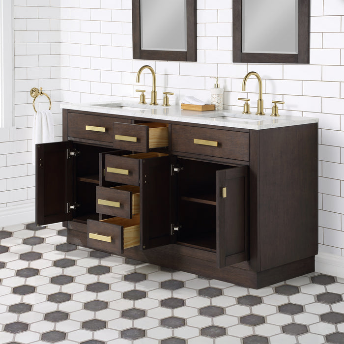 60 Inch Freestanding Oasis Double Bathroom Vanity - Brown Oak with Carrara Marble with Satin Gold Hardware & Faucets