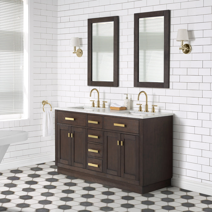 60" Solid Wood Olive Double Vanity - Carrara Marble Top Brown Oak Finish with Gooseneck Faucets & Mirrors