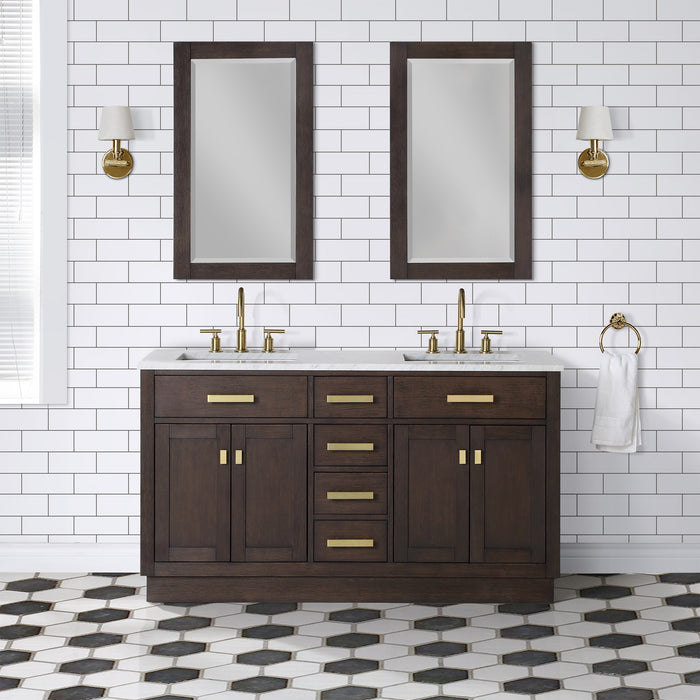 60" Solid Wood Olive Double Vanity - Carrara Marble Top Brown Oak Finish with Gooseneck Faucets & Mirrors