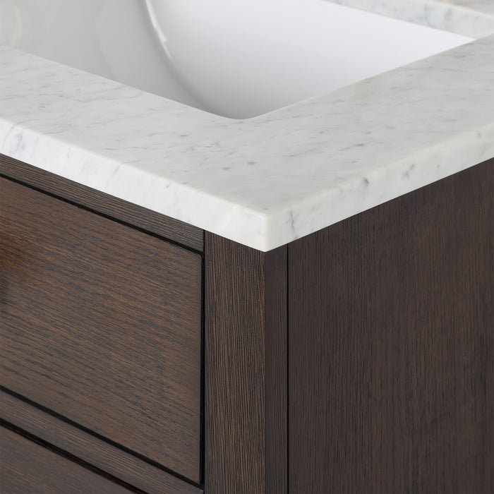 60 Inch Freestanding Oasis Double Bathroom Vanity - Brown Oak with Carrara Marble with Satin Gold Hardware & Faucets