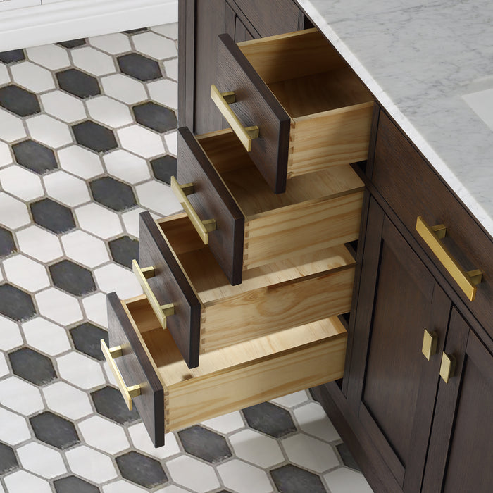 60 Inch Freestanding Oasis Double Bathroom Vanity - Brown Oak with Carrara Marble with Satin Gold Hardware & Faucets