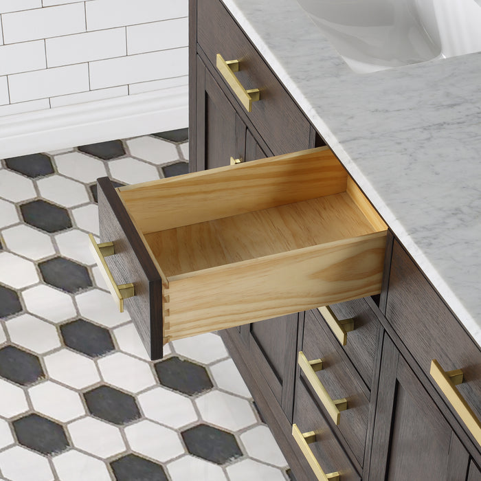 60 Inch Freestanding Oasis Double Bathroom Vanity - Brown Oak with Carrara Marble with Satin Gold Hardware & Faucets