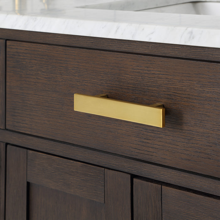 60" Solid Wood Olive Double Vanity - Carrara Marble Top Brown Oak Finish with Gooseneck Faucets & Mirrors