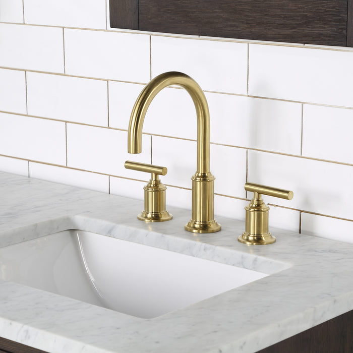 60" Solid Wood Olive Double Vanity - Carrara Marble Top Brown Oak Finish with Gooseneck Faucets & Mirrors