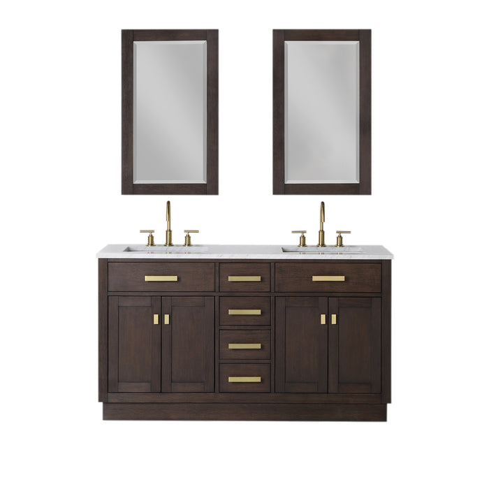 60" Solid Wood Olive Double Vanity - Carrara Marble Top Brown Oak Finish with Gooseneck Faucets & Mirrors