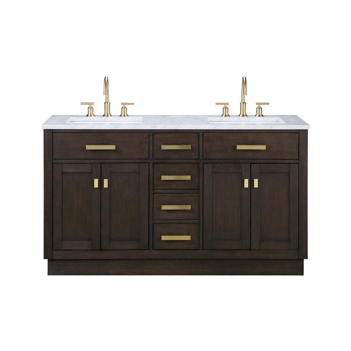 60-Inch Freestanding Noma Double Sink Vanity - Brown Oak Wood with Carrara White Marble & Gold Hardware