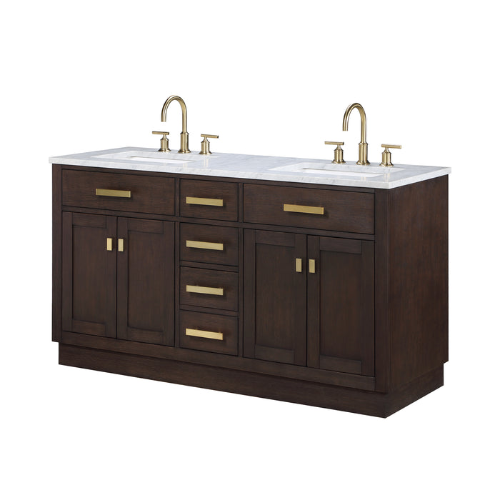 60-Inch Freestanding Noma Double Sink Vanity - Brown Oak Wood with Carrara White Marble & Gold Hardware