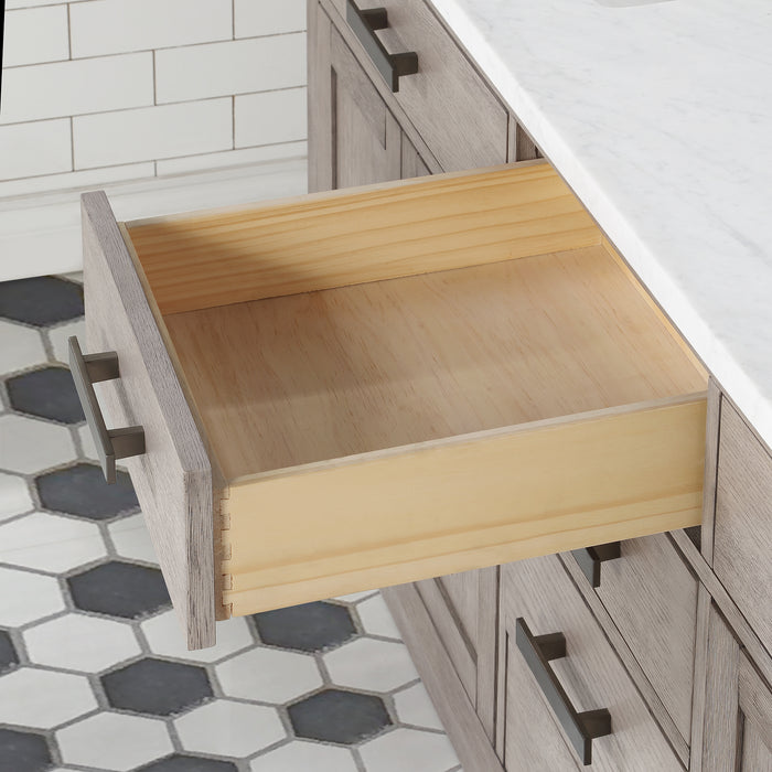 72 Inch Carrara Marble Osprey Double Vanity - Grey Oak Finish with Soft Close Drawers & Gooseneck Faucets
