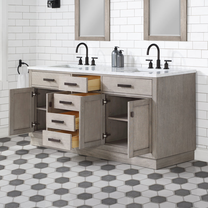 72 Inch Carrara Marble Osprey Double Vanity - Grey Oak Finish with Soft Close Drawers & Gooseneck Faucets