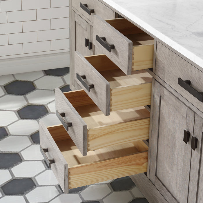72 Inch Carrara Marble Osprey Double Vanity - Grey Oak Finish with Soft Close Drawers & Gooseneck Faucets