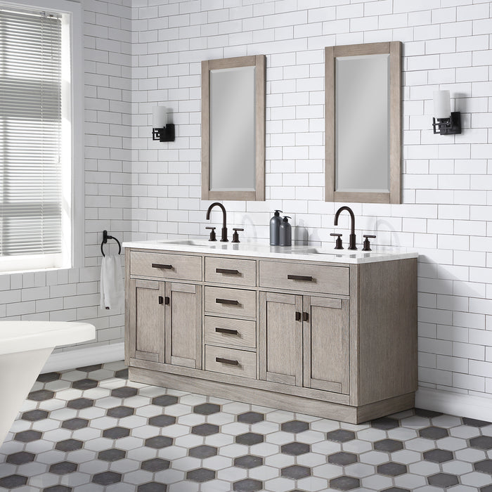 72 Inch Carrara Marble Osprey Double Vanity - Grey Oak Finish with Soft Close Drawers & Gooseneck Faucets