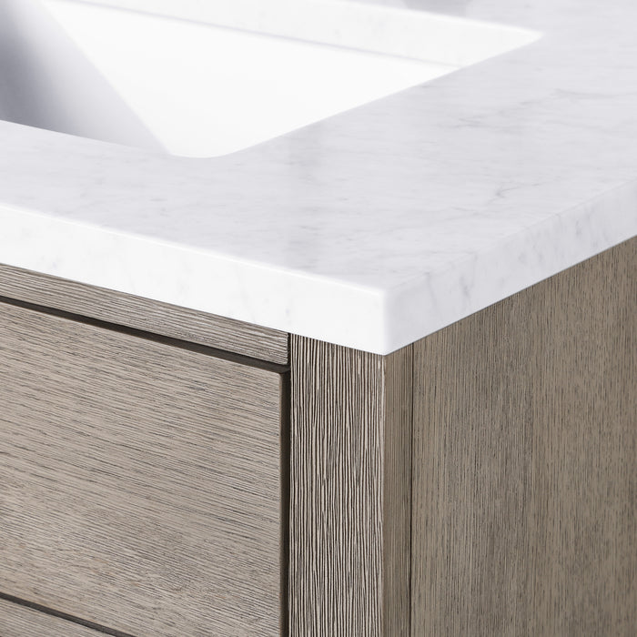 72 Inch Carrara Marble Osprey Double Vanity - Grey Oak Finish with Soft Close Drawers & Gooseneck Faucets