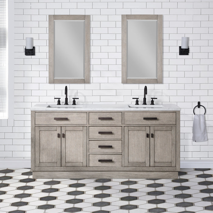 72 Inch Carrara Marble Osprey Double Vanity - Grey Oak Finish with Soft Close Drawers & Gooseneck Faucets