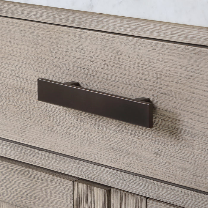 72 Inch Carrara Marble Osprey Double Vanity - Grey Oak Finish with Soft Close Drawers & Gooseneck Faucets