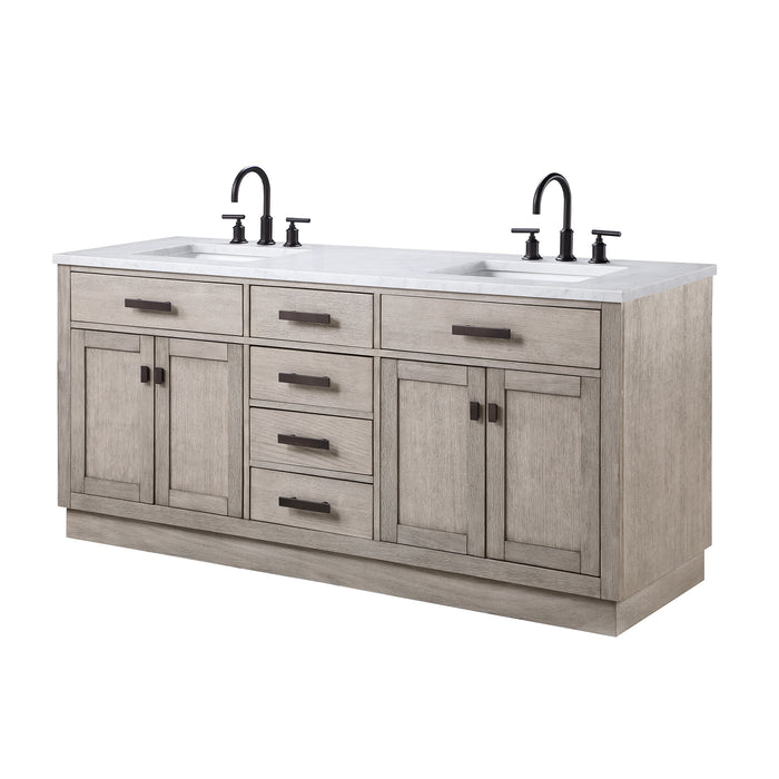 72 Inch Carrara Marble Osprey Double Vanity - Grey Oak Finish with Soft Close Drawers & Gooseneck Faucets