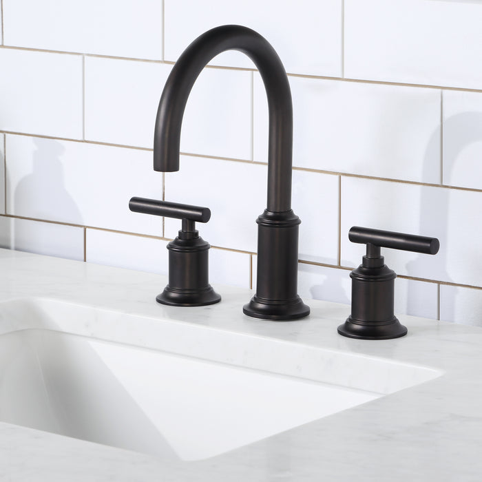 72 Inch Carrara Marble Osprey Double Vanity - Grey Oak Finish with Soft Close Drawers & Gooseneck Faucets