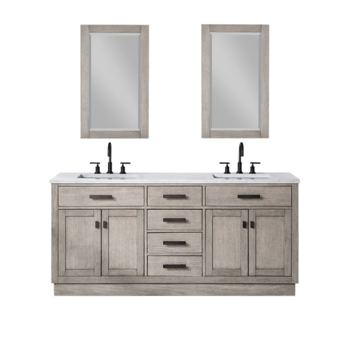 72 Inch Pacific Grey Oak Double Vanity with Carrara Marble Top, Gooseneck Faucets & Rectangular Mirrors