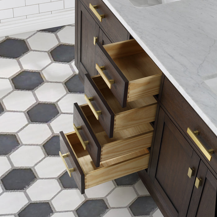 72 Inch Brown Oak Double Sink Vanity Orchid Carrara Marble Top with Gold Hardware and Faucets