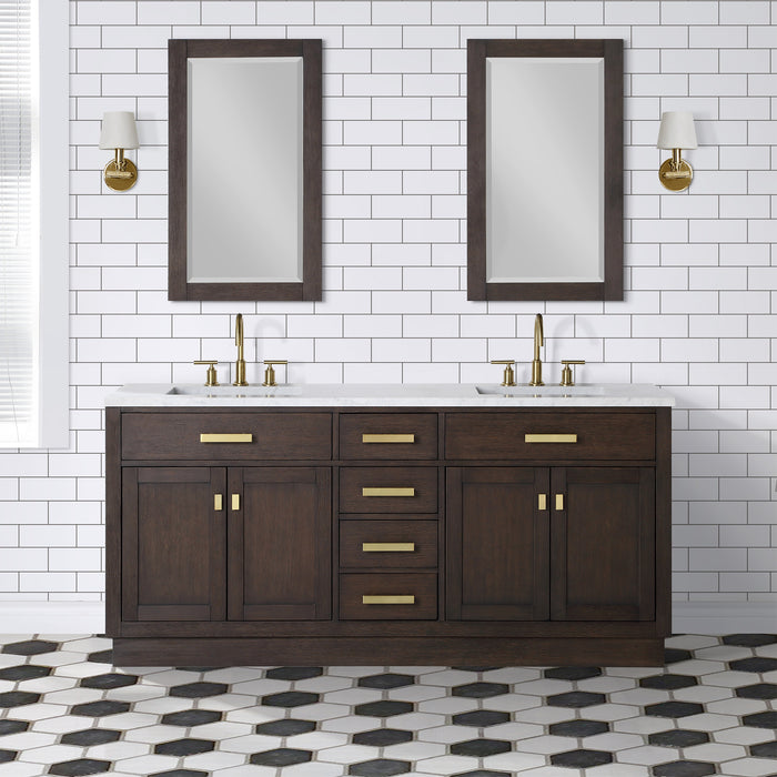 72 Inch Brown Oak Oriole Double Sink Vanity Set - with Carrara Marble Top, Mirrors & Faucets