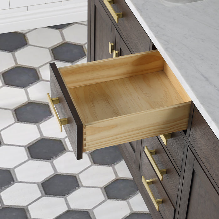 72 Inch Brown Oak Oriole Double Sink Vanity Set - with Carrara Marble Top, Mirrors & Faucets