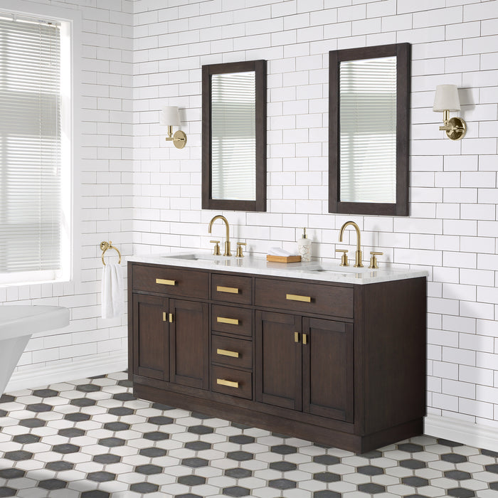 72 Inch Orenda Double Sink Vanity - Brown Oak with Carrara Marble with Gold Hardware & Rectangular Mirror