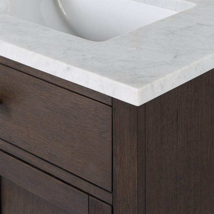 72 Inch Brown Oak Oriole Double Sink Vanity Set - with Carrara Marble Top, Mirrors & Faucets