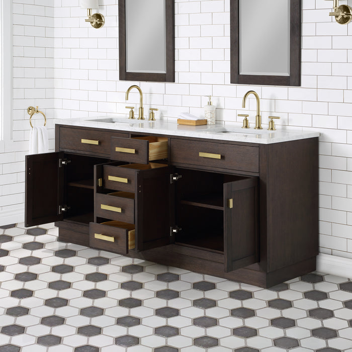 72 Inch Orenda Double Sink Vanity - Brown Oak with Carrara Marble with Gold Hardware & Rectangular Mirror