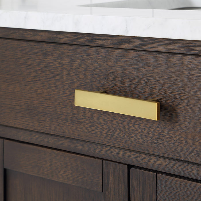 72 Inch Orenda Double Sink Vanity - Brown Oak with Carrara Marble with Gold Hardware & Rectangular Mirror