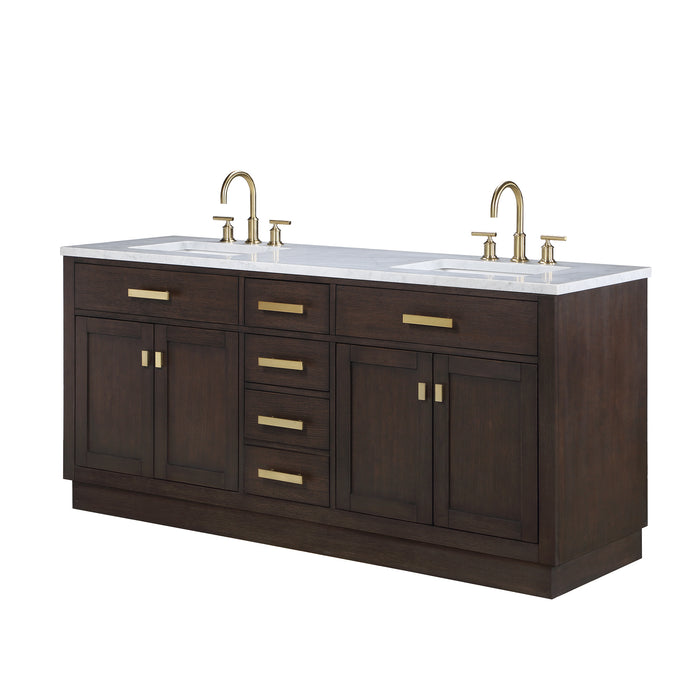 72 Inch Brown Oak Double Sink Vanity Orchid Carrara Marble Top with Gold Hardware and Faucets