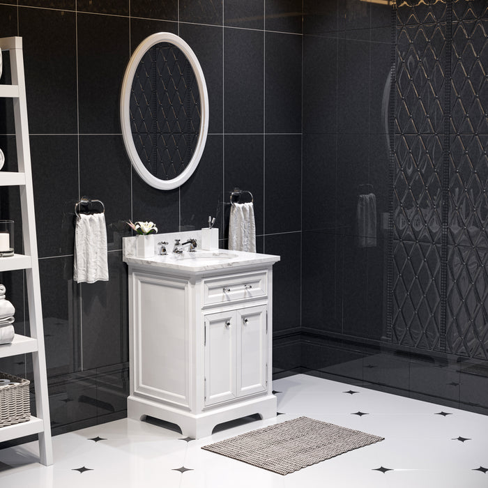24 Inch Pure White Peony Single Sink Bathroom Vanity with Carrara Marble Top with Chrome Faucet & Oval Mirror