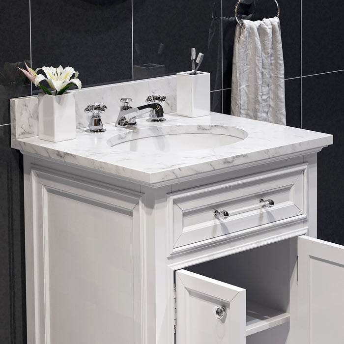 24 Inch Palisade Pure White Hardwood Bathroom Vanity with Carrara Marble Top & Undermount Sink