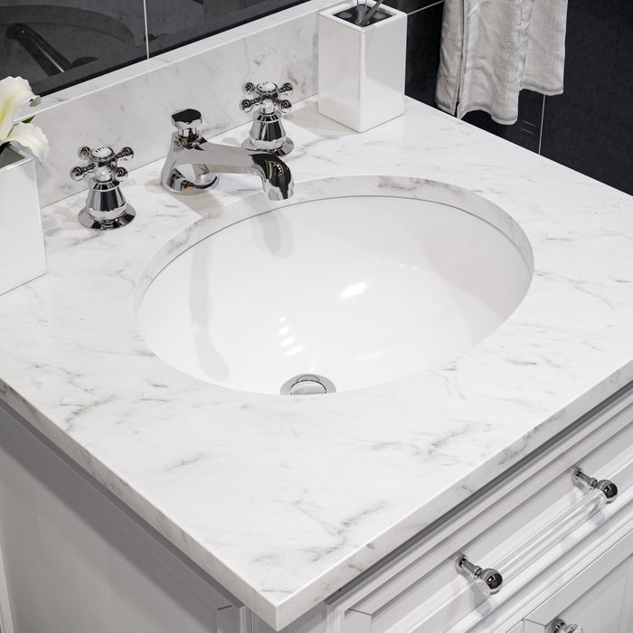 24 Inch Pure White Peony Single Sink Bathroom Vanity with Carrara Marble Top with Chrome Faucet & Oval Mirror
