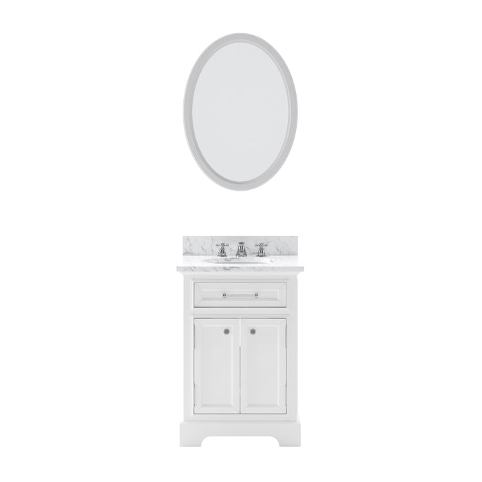 24 Inch Pure White Peony Single Sink Bathroom Vanity with Carrara Marble Top with Chrome Faucet & Oval Mirror