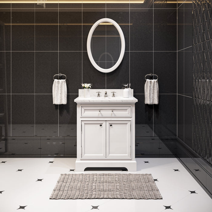 30 Inch Plum Carrara White Marble Vanity Cabinet with Undermount Sink with Faucets & Mirror