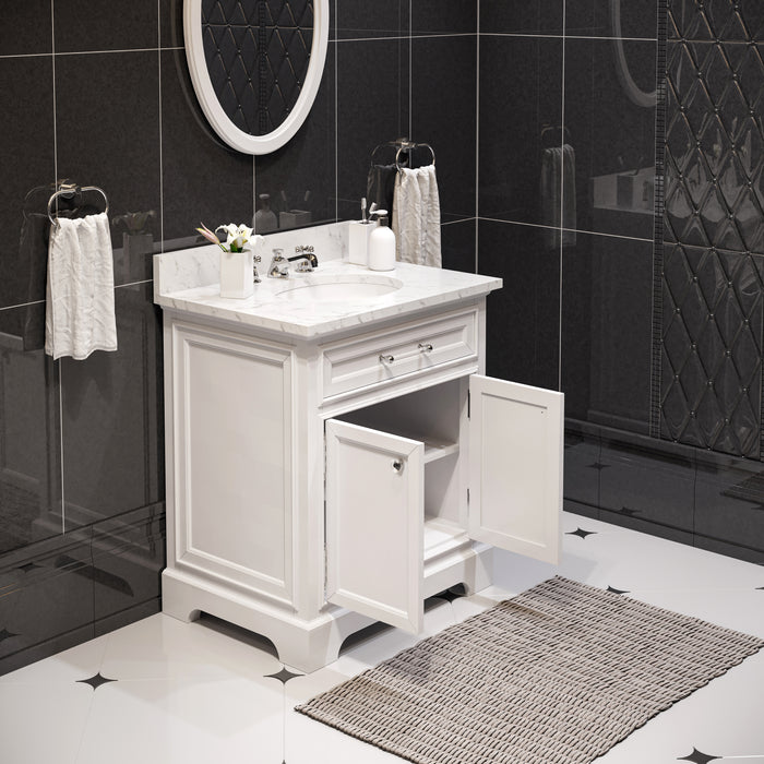 30 Inch Freestanding Phoenix White Marble Bathroom Vanity with Chrome Hardware