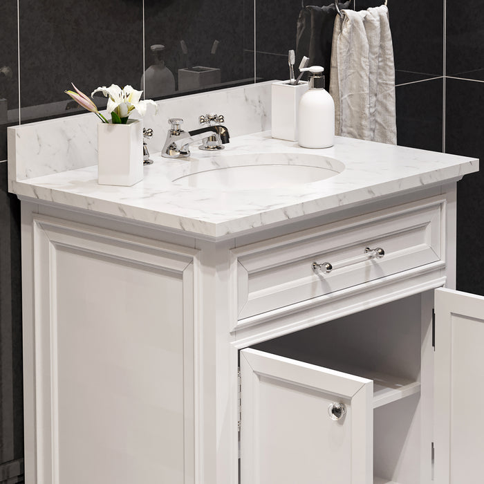 30 Inch Plum Carrara White Marble Vanity Cabinet with Undermount Sink with Faucets & Mirror