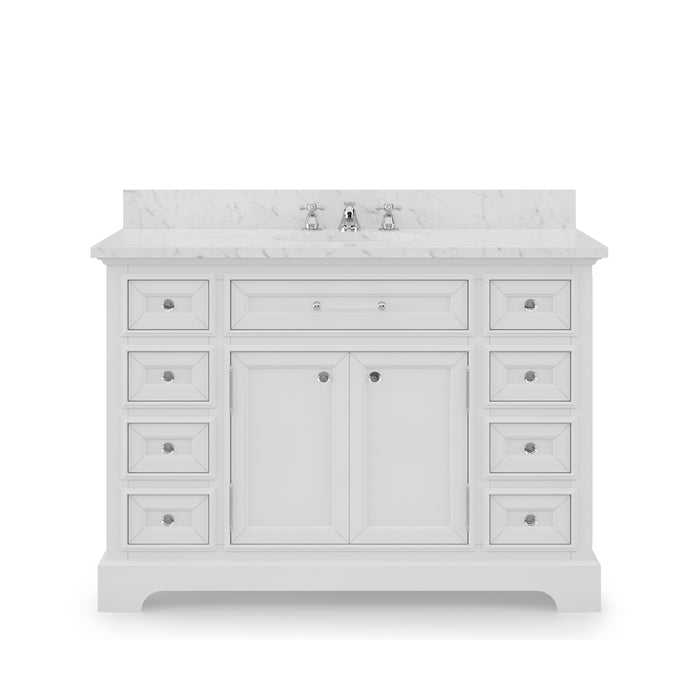 48" Quercus Pure White Marble Top Single Sink Vanity with Soft-Close Drawers and Chrome Faucet