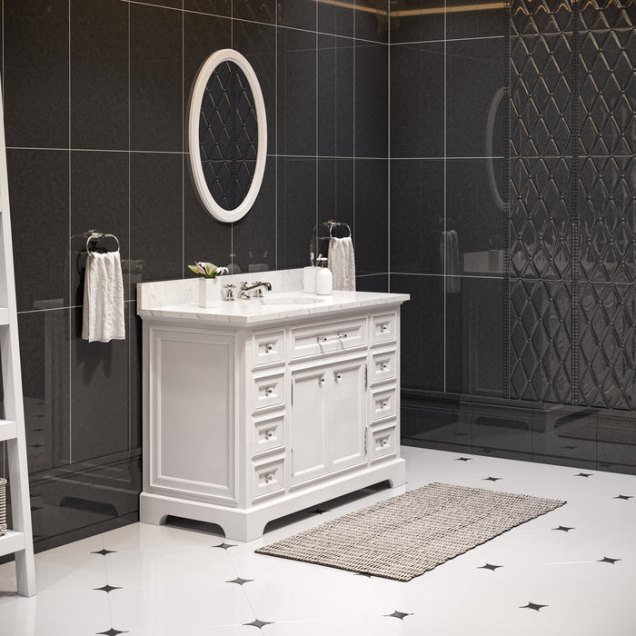 48" Quercus Pure White Marble Top Single Sink Vanity with Soft-Close Drawers and Chrome Faucet