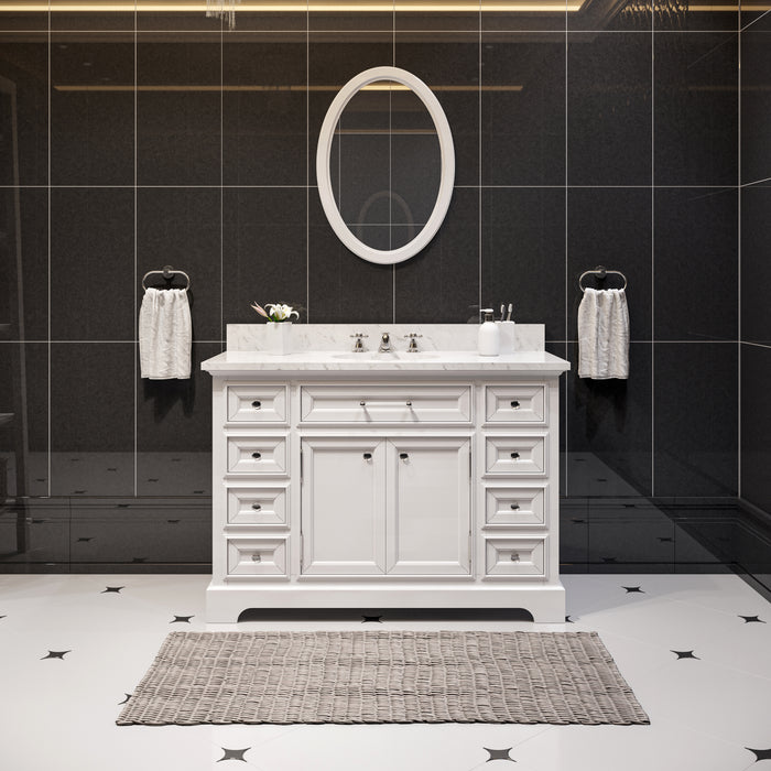 48 Inch Piquant Pure White Single Sink Bath Vanity with Carrara Marble Top & Oval Mirror
