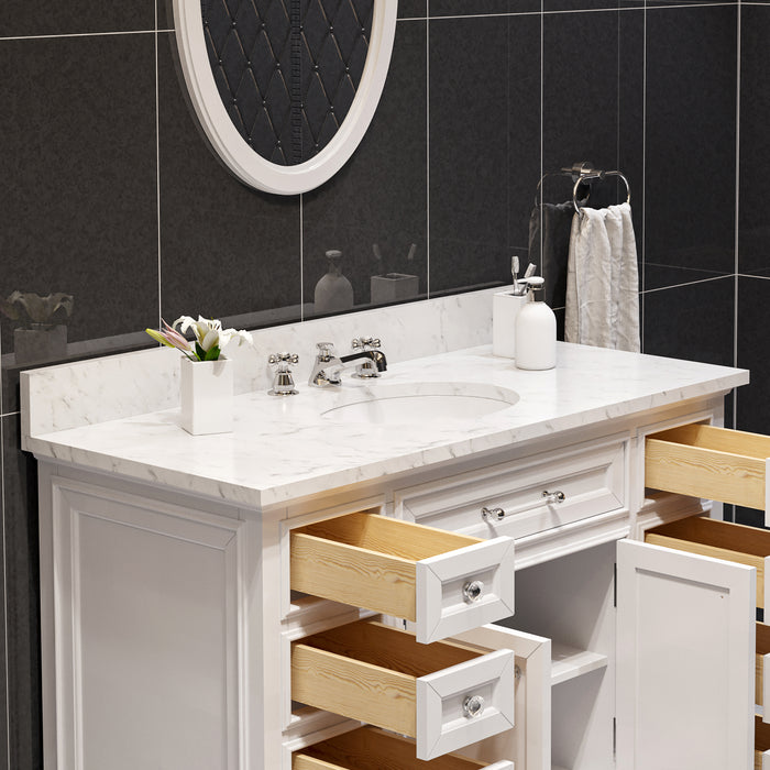 48 Inch Piquant Pure White Single Sink Bath Vanity with Carrara Marble Top & Oval Mirror