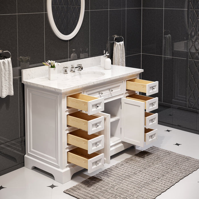 48 Inch Piquant Pure White Single Sink Bath Vanity with Carrara Marble Top & Oval Mirror