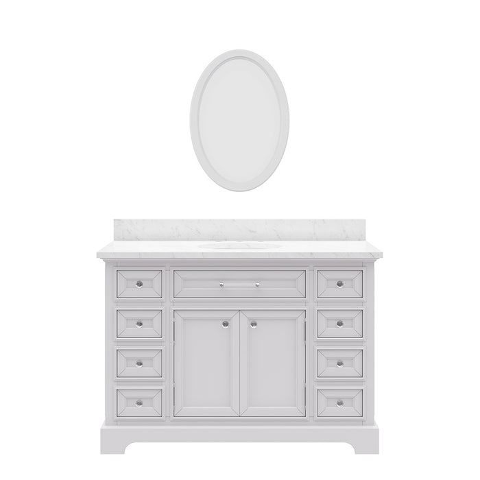 48 Inch Piquant Pure White Single Sink Bath Vanity with Carrara Marble Top & Oval Mirror