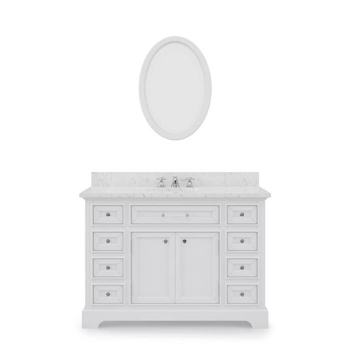 48 Inch Quill Pure White Marble Bathroom Vanity Single Sink with Chrome Faucet and Mirror