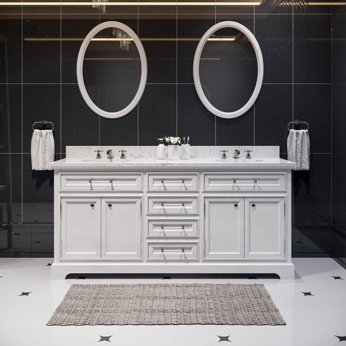 72 Inches Cielo Bathroom Vanity in pure white with double sinks including framed mirrors and faucets.